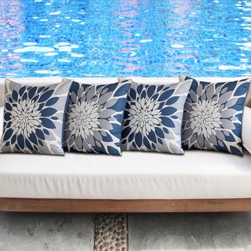 Qahing Pack of 4 Outdoor Waterproof Pillow Covers 18x18 Decorative Outdoor Throw Pillows Garden Square Cushion Cases for Patio Furniture, Couch, Tent Sunbrella, Bench, Blue Grey