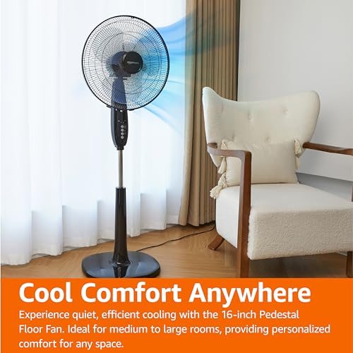 Amazon Basics 16-Inch Pedestal Floor Fan Oscillating Remote, 3-Speed, Energy-Efficient, Black