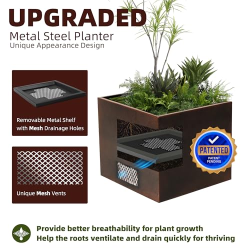 KOL 13"L.x13"W.x11"H. Metal Square Steel Planters - Modern Cube Planter Box, Outdoor Indoor Garden Pot for Plants Trees Flowers - Commercial Residential for Patio Deck Yard - All Weather Use - Bronze