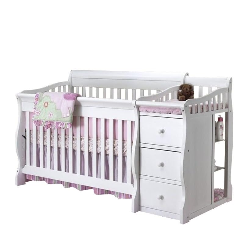 Pemberly Row 73" x 35" 4-in-1 Convertible Wood Crib and Changer Combo with 3 Drawers Chest, Change Pad, Fixed Side Rails, for Baby Room, in White Finish