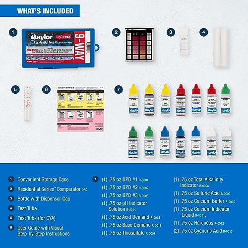 Taylor K-1005 DPD, 9-in-1 Pool Test Kit for Test Kit for Free & Total Chlorine, Bromine, pH, Acid & Base Demand, Total Alkalinity, Calcium Hardness, Cyanuric Acid | Made in The USA