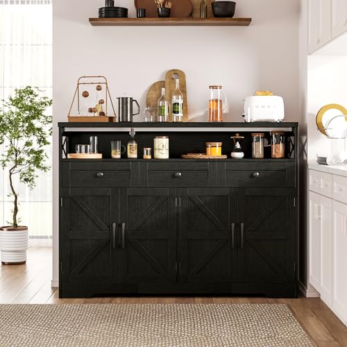 51" Black Buffet Sideboard Cabinet with Storage, Farmhouse Kitchen Storage Pantry Cabinet with Shelves, Wood Cupboard Hutch Cabinet, Coffee Bar Station Table for Kitchen, Living Room, Dining Room