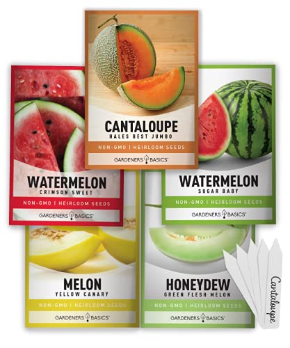 Gardeners Basics, Melon Fruit Seeds for Planting Home Garden 5 Variety Packs - Hales Best Cantaloupe, Crimson Sweet Watermelon, Yellow Canary Melon, Green Flesh Honeydew Melon, Sugar Baby Watermelon