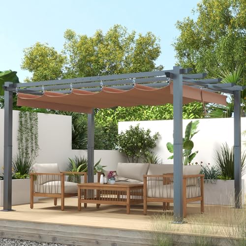 Aoxun 10‘×12’ Outdoor Pergola, Upgraded Canopy with Adjustable Roof, Metal Patio Pergola with Brown Shade Cover for Backyard, Garden and Deck