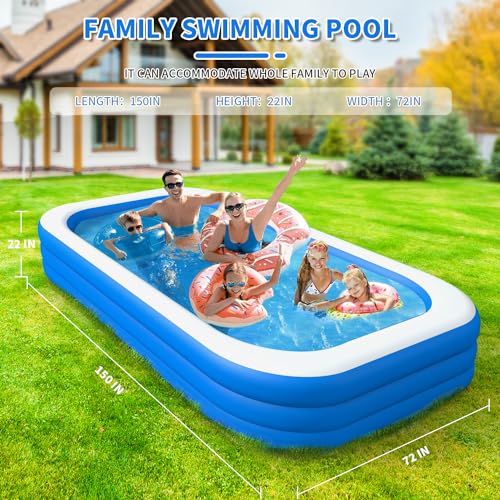 Inflatable Swimming Pool, Large Blow up Pool, Above Ground Swimming Pool for Family, Pools for Kid, 150 x 72 x 22 inch Full-Sized Inflatable Pool for Toddler for Outdoors, Backyard