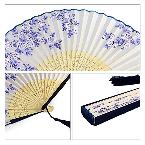 Bantoye 2 Pieces Handheld Fans, Silk Folding Fans with Bamboo Frames for Dancing Cosplay Wedding Party Props Decoration, White Blue