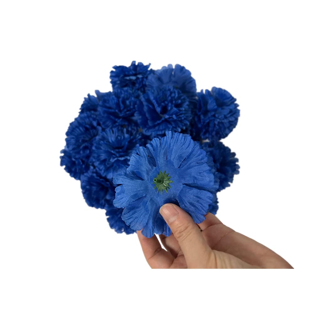 Rikyo 50 Artificial Silk Carnation Flower Head with Stems Set,Vase Fillers for Bridal Wedding Party Birthday Cake Ornaments,DIY Wrist Corsage,3" Petals Heads with 8" Stems(Royal Blue)