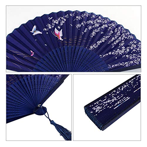 Bantoye 2 Pieces Handheld Fans, Silk Folding Fans with Bamboo Frames for Dancing Cosplay Wedding Party Props Decoration, White Blue