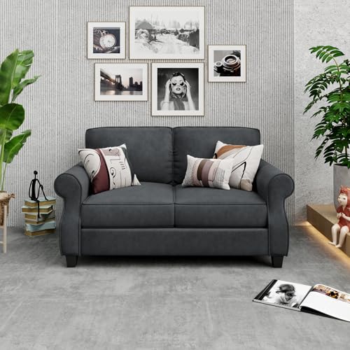 Loveseat Sofa - 56" Small Couch Mid Century Modern Flannel Love Sofas Small Space Saving Upholstered 2 Seater Love Seat Couches for Living Room Bedroom Home Office Apartment and Small Space, Dark Grey