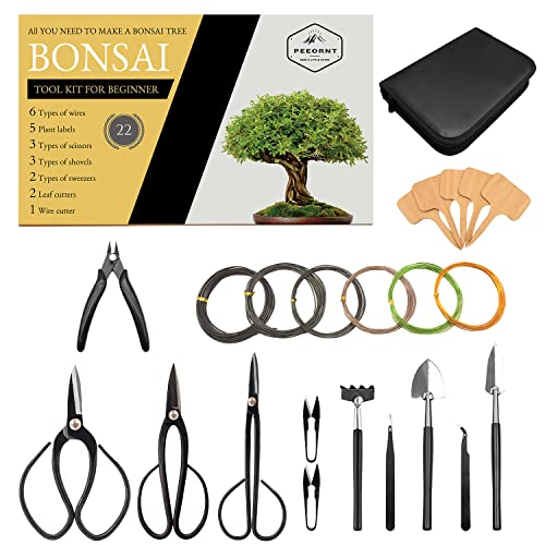 PEEORNT Bonsai Tree Tools Kit, 22 PCs Bonsai Tools Set High Carbon Steel Trimming Tools Set Include Pruning Shears, Cutters, Training Wires, Bonsai Grooming Care Kit for Beginner Gardening Gifts