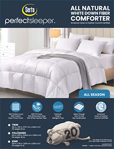 Serta Down Fiber Comforter Twin Size-All Season Duvet Insert, Luxury Fluffy Bed Comforter 100% Cotton 300 Thread Count Shell, Down Feather Fiber 500 Fill Power with Corner Taps, White 68x90inch