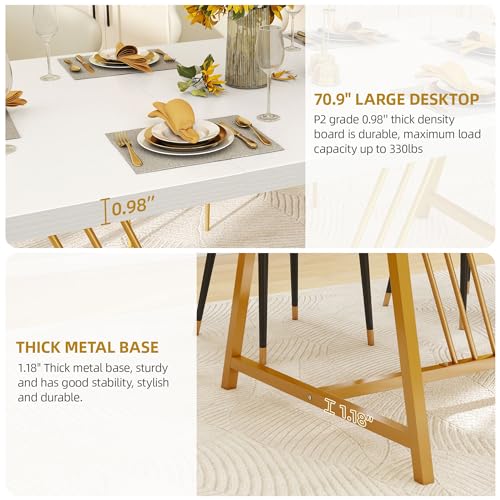 YITAHOME 70.9 Inch Large White Dining Table for 6-8 People, Modern Farmhouse Kitchen Dinner Table with Gold Geometric Metal Legs, Rectangular Wood Dining Room Dinette Table for Kitchen, Living Room
