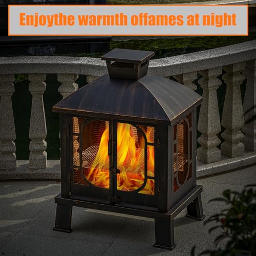 Panovue 45" H×31''W Metal Chiminea Fire Pit with Grill, Wood Burning Fire Pits for Outside,Square Chimineas Fireplace with Mesh Spark Screen Door& Fire Poker for Garden,Yard,BBQ,Bonfire