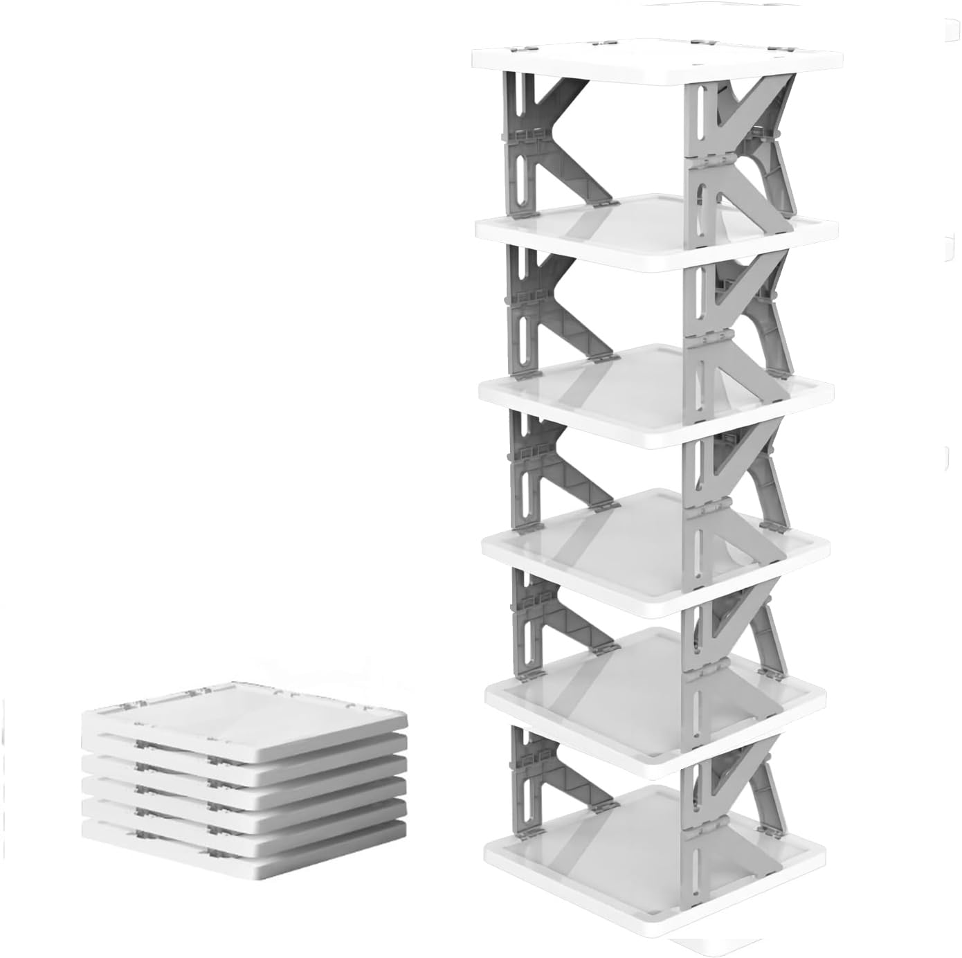 6-Tier Simple Vertical Shoe Organizer, Foldable Shoe Rack without Assembly, Flexible Narrow Shoe Rack K-Shape Collapsible Shoe Tower, Corner Shoe Rack, Easy Assembly and Stable in Structure