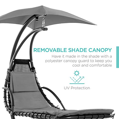 Best Choice Products Outdoor Hanging Curved Steel Chaise Lounge Chair Swing w/Built-in Pillow and Removable Canopy - Charcoal Gray