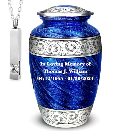 Americurn Customized Printing on Large Urn for Ashes Adult Male | Urn for Ashes for Women | Blue Urns for Human Ashes with Necklace Urn (Inside The Large Urn)