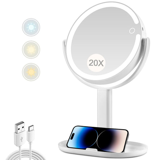 MIYADIVA Makeup Mirror with Lights, 20X Magnifying Mirror with Light and Touch Switch, Vanity Mirror with 3 Color Light and 80 LEDs, 2-Sided Desk Mirror with Light 8.8 Inches