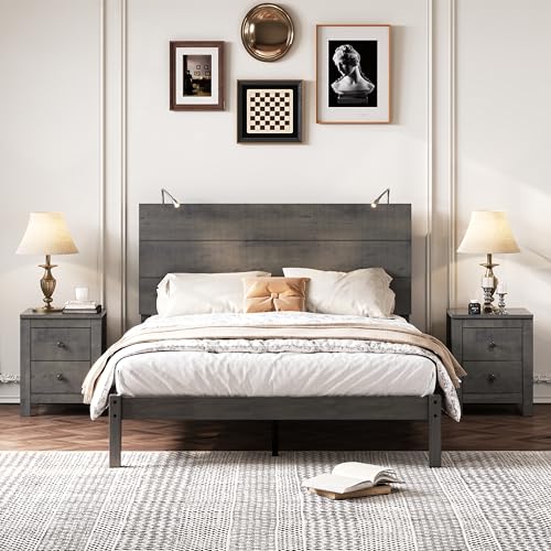 Linique Rustic Style 3-Pieces Bedroom Sets,Full Size Farmhouse Platform Bed with Two Bedside Lights, 2-Drawer Nightstand,Antique Gray