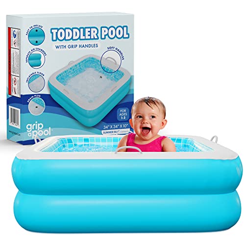 Inflatable Baby Pool with Blow Up Padded Floor, Grip Handle Bars and Drain - Skin Safe Small Kiddie Pool, Bathtub and Ball Pit, First Birthday Gift for Boys, Infants and Toddlers 1-3, 34" Summer Blue