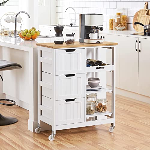 Yaheetech Rolling Kitchen Cart with Bamboo Top, 3 Drawers, 3 Shelves, Lockable Casters - For Dining Room, Bar
