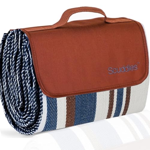 scuddles Extra Large Picnic Blankets Dual Layers Beach Blanket 60 X 60 Water-Resistant Outdoor Picnic Mat Spring Summer Blue and White Striped