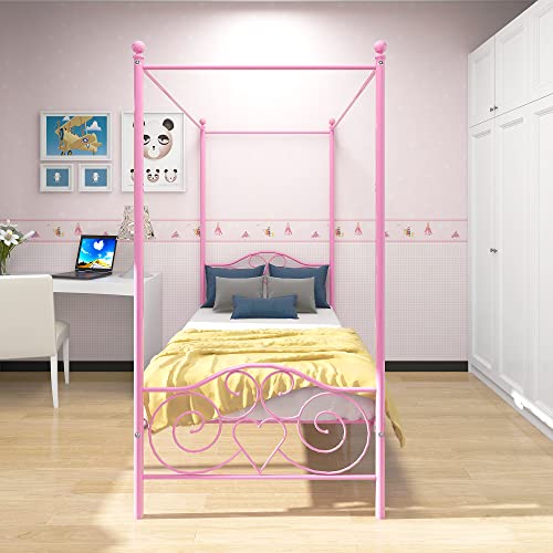 Albearing Canopy Bed Frame Platform Metal Bed Frame Heavy Duty Steel Slat and Support with Headboard and Footboard No Box Spring Required (Twin, Pink)