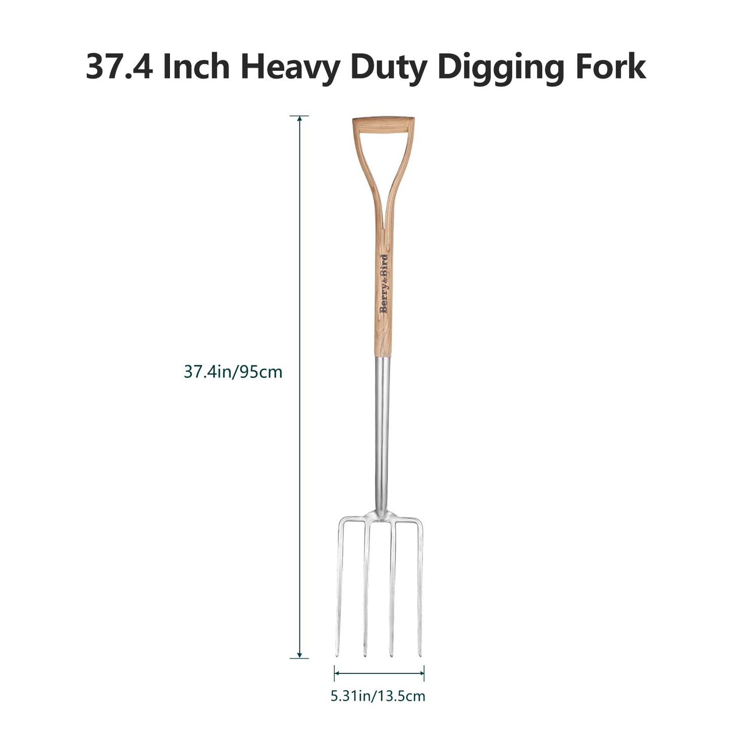 Berry&Bird Garden Digging Fork, 37.4" Stainless Steel Garden Spading Fork with D-Grip Handle, 4-Tine Heavy Duty Long Handled Pitchfork with Ash Wood Handle for Digging, Planting, Cultivating, Aerating