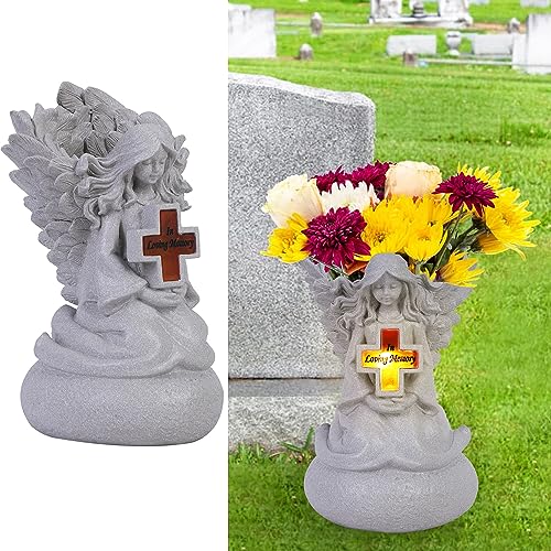 Cemetery Grave Memorial Vases with LED, Fresh/Artificial Flowers Headstones Vases,Gravestone Decor Memorial Gifts for Loss of Loved One (White)