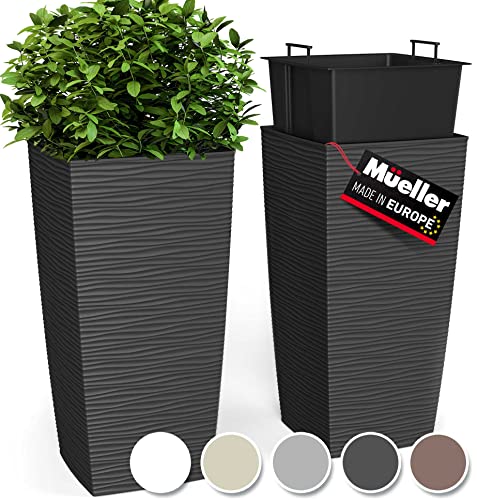 Mueller M-Resin Heavy Duty Tall Planter, Indoor/Outdoor Grande Plant, Tree, Flower Pot, 2-Piece Set, 24”, Modern Design, Built-in Drainage, Dark Gray