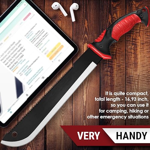 Machete with Saw - 17” Heavy Duty Tool & Sheath - Ergonomic No-Slip Handle - Survival Knife with Serrated Blade - Machetes for Bushcraft Outdoor Hunting Garden Cutting Trees and Yard Work 111084