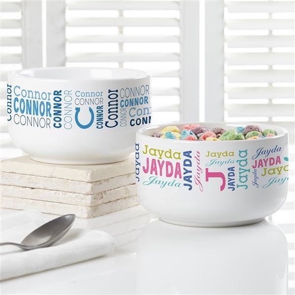 Personalization Universe Trendy Repeating Name Personalized Snack Bowl - Perfect for Movie Night Popcorn, Kids,14 oz. Ceramic Stoneware