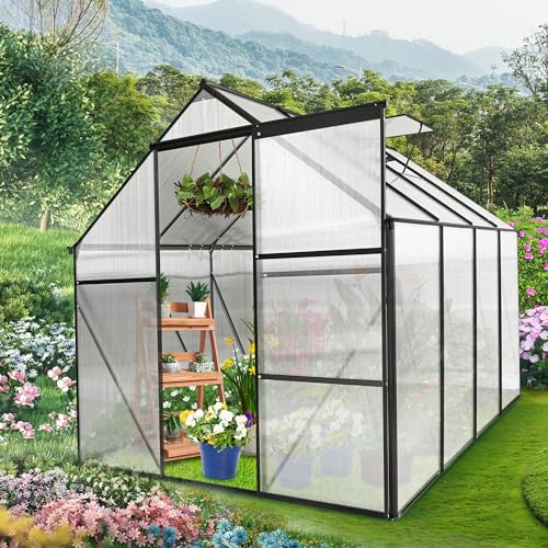 LUSPAZ 6x8 FT Outdoor Patio Greenhouse, Adjustable Roof Vent and Rain Gutter for Plants, Clear Polycarbonate Panels Greenhouse, Garden Greenhouse for Winter Garden Backyard