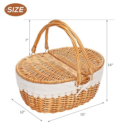 Wicker Picnic Basket with Removable Liner, Empty Picnic Baskets with Lid, Vintage-Style Picnic Hamper with Folding Woven Handle for Picnic, Camping, Outdoor, Halloween, Thanks Giving, Birthday (Cream)