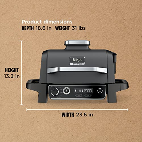 Ninja OG701 7-in-1 Outdoor Electric Grill & Smoker - Grill, BBQ, Air Fry, Bake, Roast, Dehydrate & Broil - Uses Woodfire Pellets - Portable & Weather Resistant