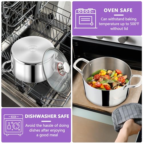 P&P CHEF Tri-Ply Stainless Steel Stockpot (5 QT), Large Stock pot with Visible Lid for Soup Pasta Vegetable, Induction Cooking Pot for All Stoves, Heavy-Duty Pot with Double Handle, Dishwasher Safe