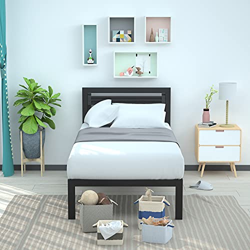 Amazon Basics Industrial Metal Bed Frame with Headboard and Wood Slats, 14 Inches High, Twin, Black
