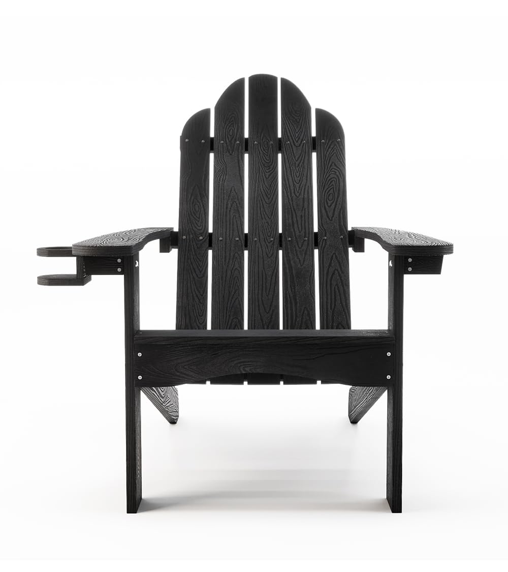 LUE BONA Set of 4 Adirondack Chairs, Black Poly with Cup Holder, 350LBS Modern Weather Resistant Outdoor Patio Chair for Fire Pit, Law, Balcony, Backyard.