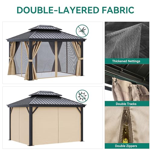 YITAHOME 10x12ft Gazebo Double Roof Hardtop with Nettings and Curtains, Heavy Duty Galvanized Steel Outdoor Vertical Stripes Roof for Patio, Backyard, Deck, Lawns, Brown