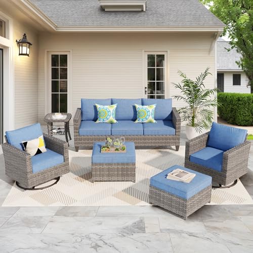 ovios Patio Furniture Set, 6 Piece Outdoor Wicker Sofa with Swivel Rocking Chairs and Comfy Cushions, High Back Rattan Couch Conversation Set, Denim Blue