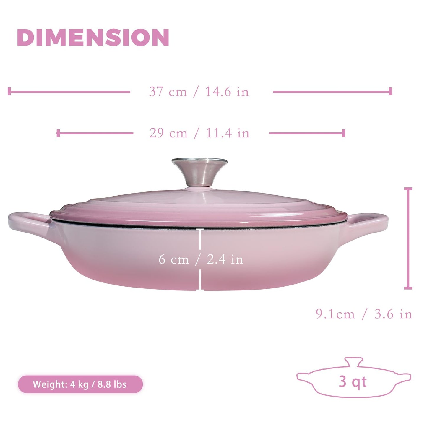 Flavehc Braiser Enameled Cast Iron Braiser 3 qt Braiser Pan with Lid Pink Shallow Cast Iron Casserole Braiser Pan with Handels