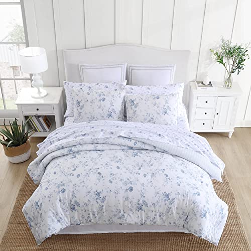 Laura Ashley- Twin XL Comforter Set, Reversible Cotton Bedding with Matching Sham(s), Farmhouse Home Decor, Dorm Room Essentials (Belinda Blue, Twin XL)