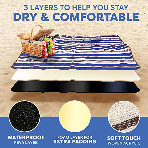 scuddles Extra Large Picnic Blankets Dual Layers Beach Blanket 60 X 60 Water-Resistant Outdoor Picnic Mat Spring Summer Blue and White Striped