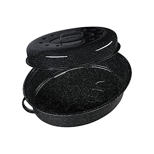 Granite Ware 19 inch oval roaster with Lid design to accommodate up to 20 lb poultry/roast. Resists up to 932°F