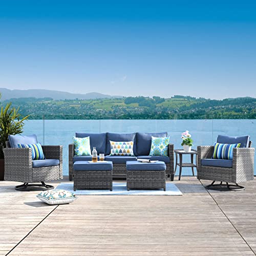 ovios Patio Furniture Set, 6 Piece Outdoor Wicker Sofa with Swivel Rocking Chairs and Comfy Cushions, High Back Rattan Couch Conversation Set, Denim Blue