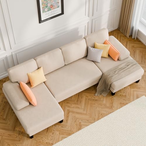 ASAHREE 112'' Corduroy Sectional Couch for Living Room, Modular U- Shape Sleeper Sofa Couch with Double Chaise&Comfy Armrest, Oversized 4 Seat U Shaped Sofa Set for Small Space, Apartment, Beige