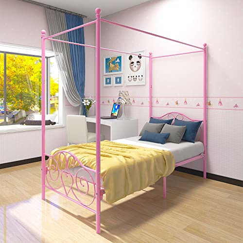 Albearing Canopy Bed Frame Platform Metal Bed Frame Heavy Duty Steel Slat and Support with Headboard and Footboard No Box Spring Required (Twin, Pink)