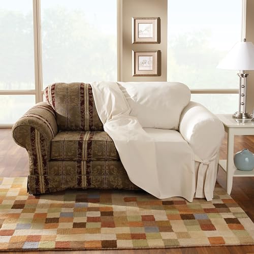 SureFit Cotton Duck Canvas Loveseat Slipcovers, Loveseat Cover Cotton Solid One Piece Design and Straight Skirt, Removable and Machine Washable Loveseat Cover, Natural