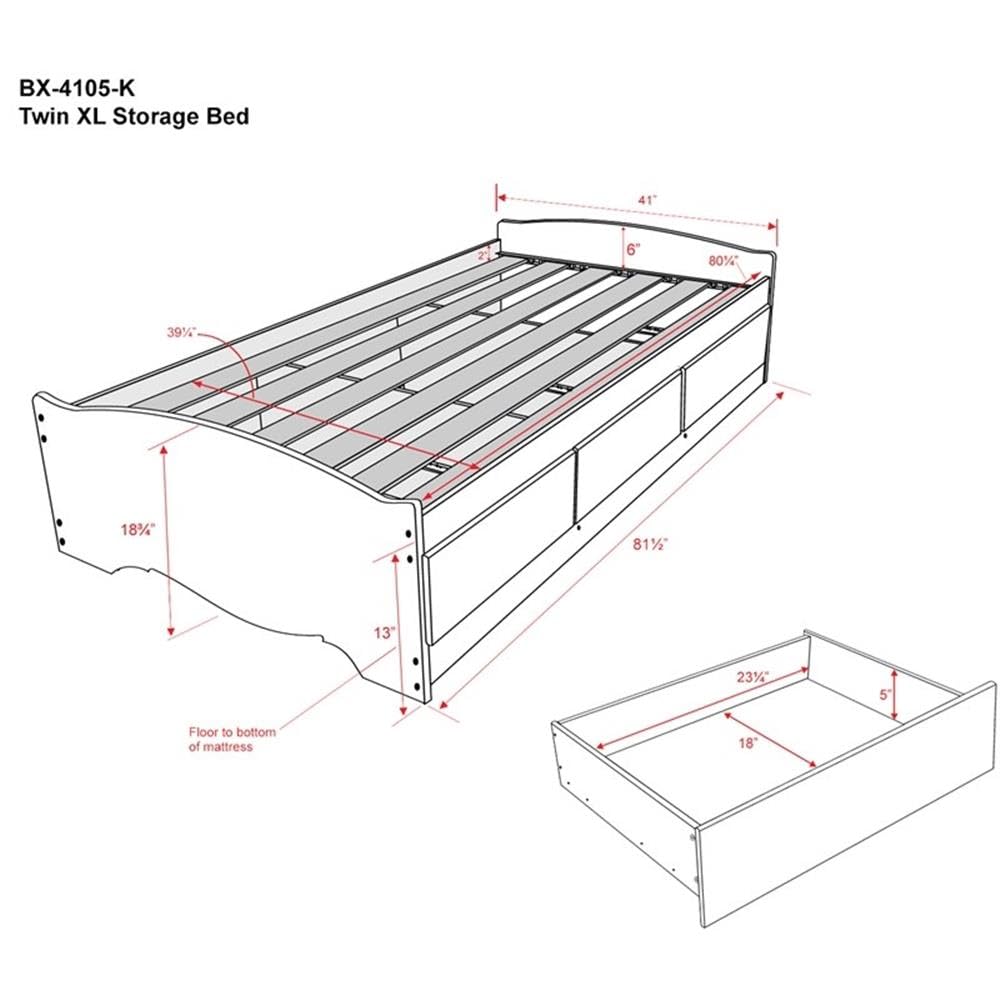 Prepac Mate's Twin XL 3-Drawer Minimalist Platform Storage Bed, Contemporary Twin XL Bed with Drawers 81.5" D x 41" W x 18.75" H, Black, BBX-4105-K