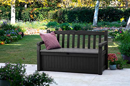 Keter Solana 70 Gallon Storage Bench Deck Box for Patio Furniture, Front Porch Decor and Outdoor Seating – Perfect to Store Garden Tools and Pool Floats, Graphite