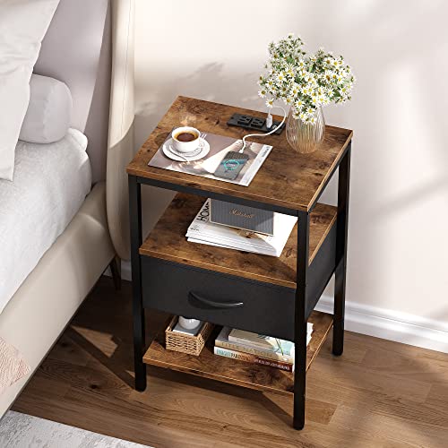 SUPERJARE Nightstand with Charging Station, Bed Side Table with Adjustable Fabric Drawer, Night Stand for Bedroom, 3-Tier Storage End Table, for Living Room, Rustic Brown and Black